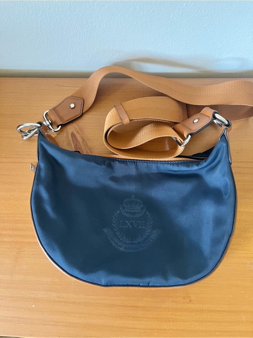 Lauren Ralph Lauren LXVII Crossbody Purse Navy with Tan Leather Trim